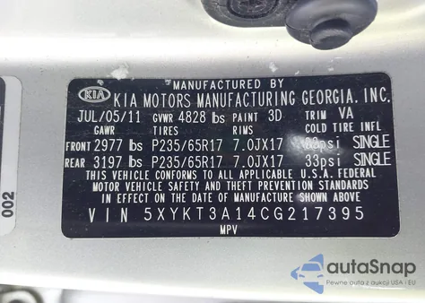 2012 Kia Sorento Lx из США, поврежденный, VIN 5XYKT3A14CG217395